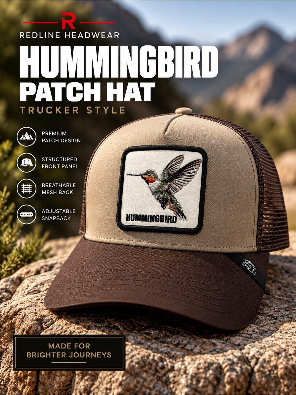 Hummingbird Patch Trucker Hat - Tan and Brown by Hummingbird
